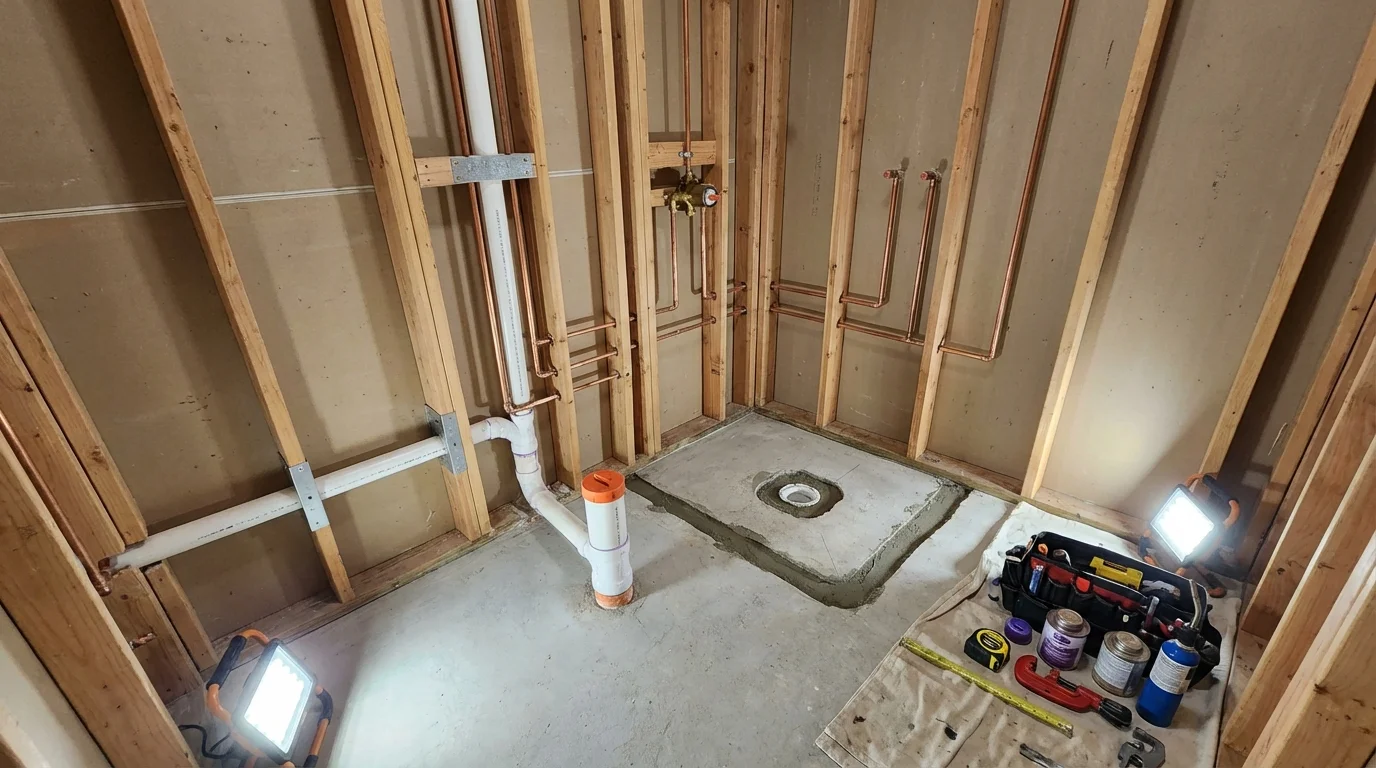 Bathroom rough-in plumbing during remodel by Johns Plumbing LLC in Wessington Springs