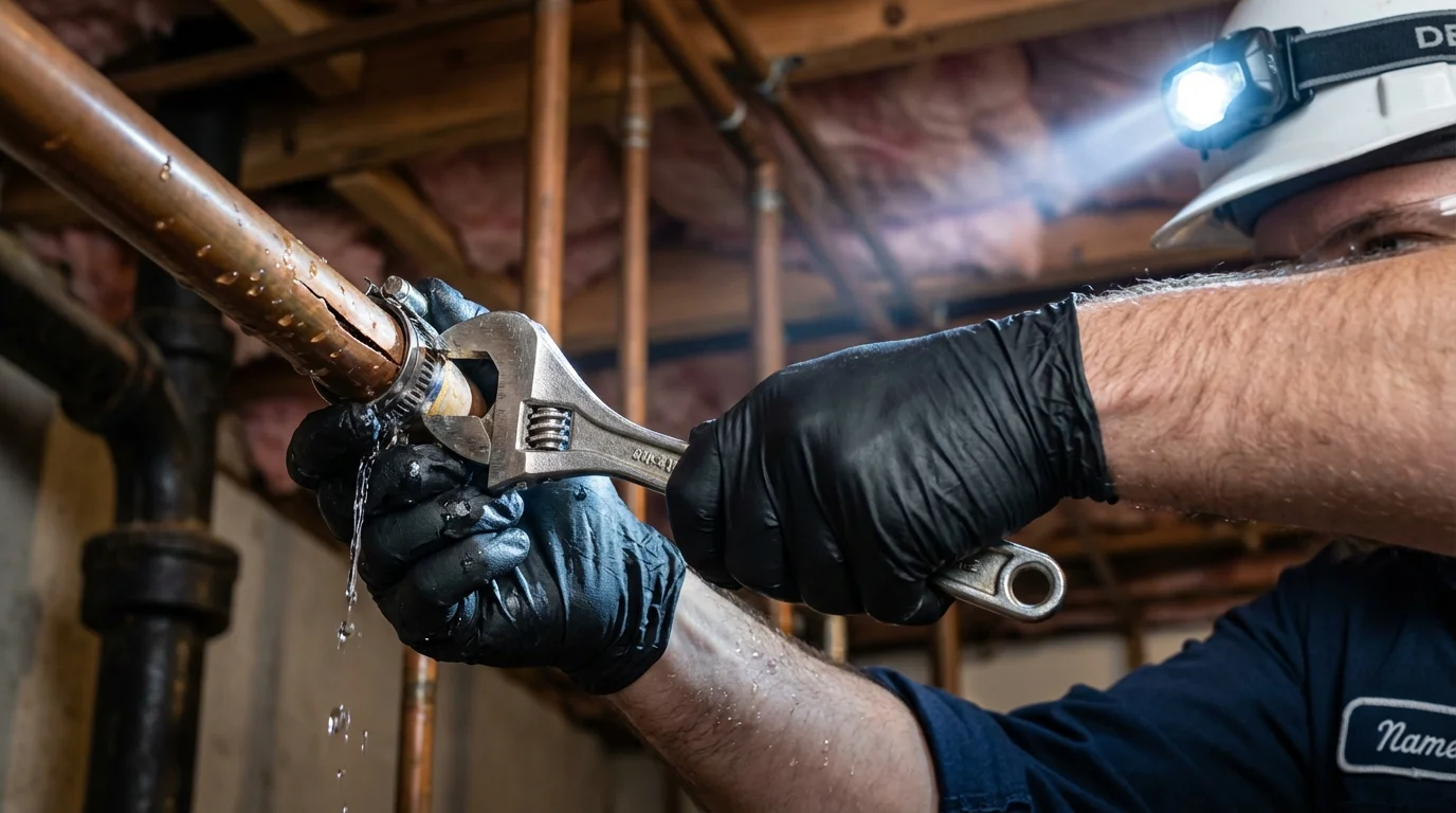 Emergency pipe clamp repair being performed by a Johns Plumbing LLC plumber in Wessington Springs