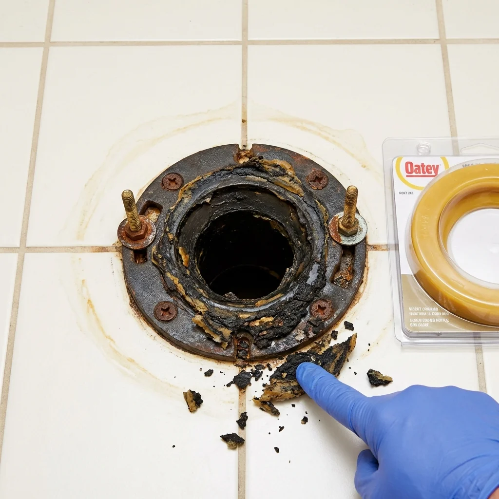 Failed wax ring showing water seepage at the base of a toilet in a Wessington Springs, SD home