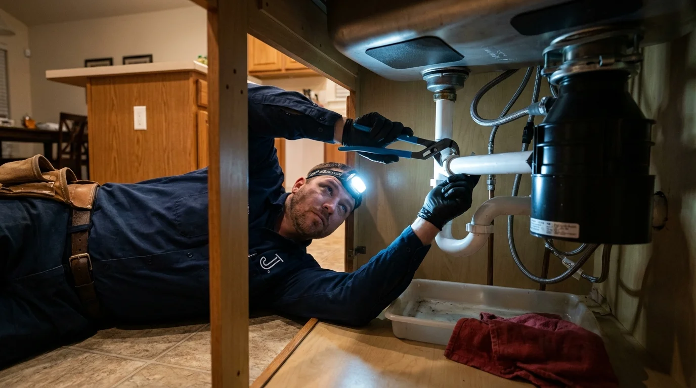 P-trap and supply line connections under a kitchen sink showing a common leak point in Wessington Springs, SD